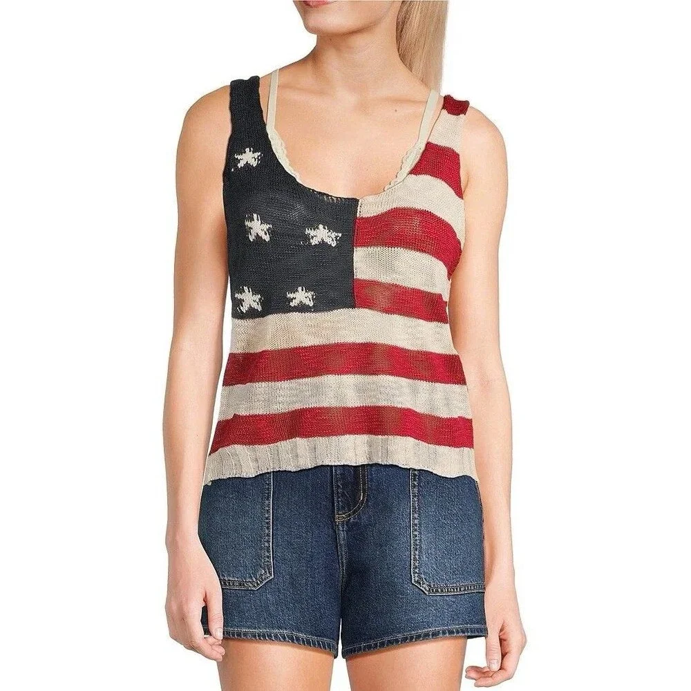 Angie American Flag Knit Tank Top Size Small- Red White and Blue Scoop Neck